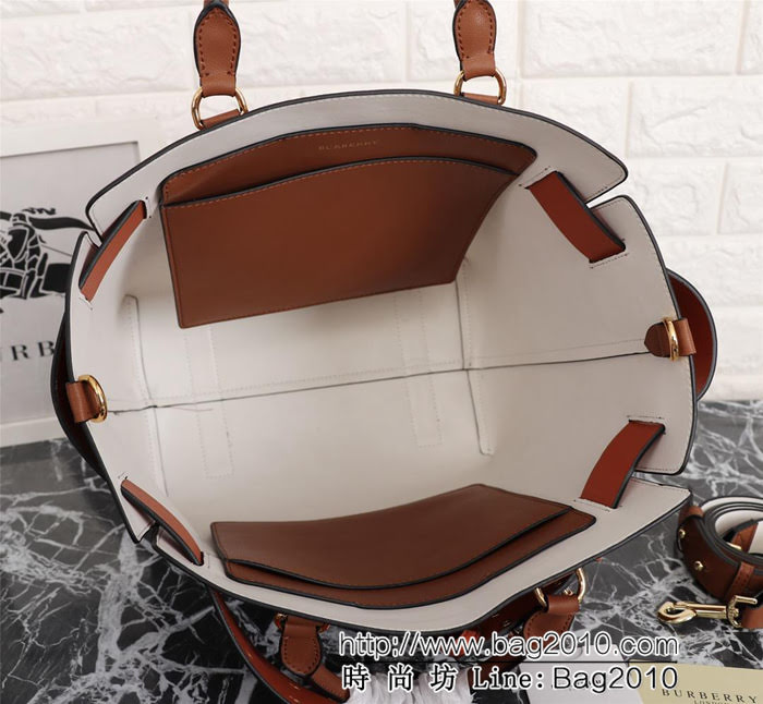 BURBERRY巴寶莉 大號 雙色皮革 敞口式托特包款「The Belt 貝爾特包「Burberry」字母壓花徽標 可手提斜背  Bhq1109